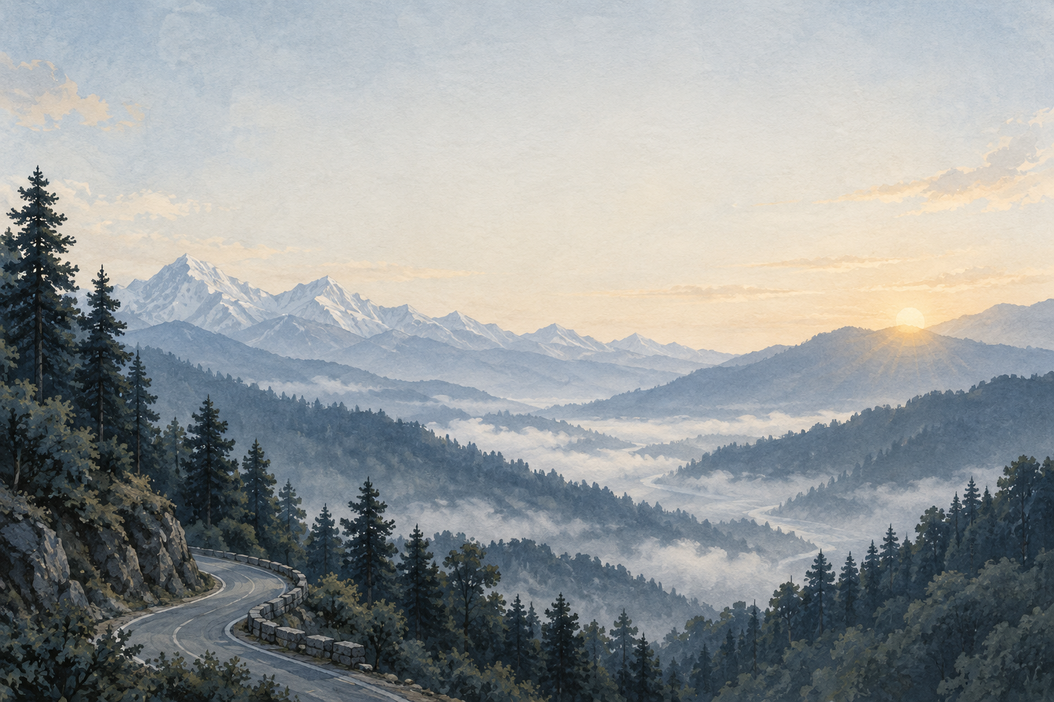 Illustrated mountain foothills near Dehradun