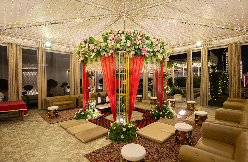 An indoor hall with draped ceilings and seating at The Solitaire Farms